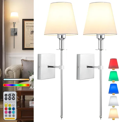 Vista 10 de Juego de 2 apliques de pared a pilas, para interiores, sin cableado, apliques de pared inalámbricos recargables con control remoto regulable