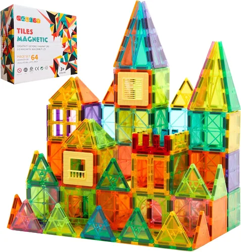 Vista 8 de OugerToy Paquete de 32 Baldosas Magnéticas–Set Constructor Arcoíris, Kit de Construcción STEM de 2.95 pulgadas con Ventanas Transparentes, Amplía