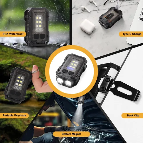 Vista 5 de Mini linterna EDC, pequeña y potente linterna de llavero con luz lateral, altos lúmenes 800lm, USB-C recargable, luz de llavero con clip - 8 modos