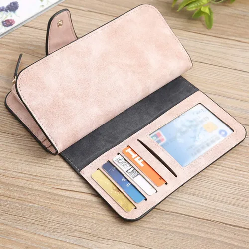 Vista 5 de KELEEL Cartera de cuero para mujer, monedero de embrague para tarjetas de crédito, soporte para monedas, plegable, Rosado, Classic