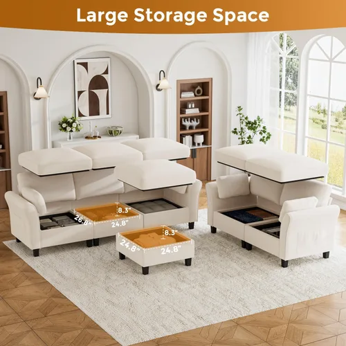 Vista 3 de Legend Vansen Sofá modular seccional, cómodo sofá modular en forma de U de 6 asientos con espacio de almacenamiento y diván, sofás seccionales Crema