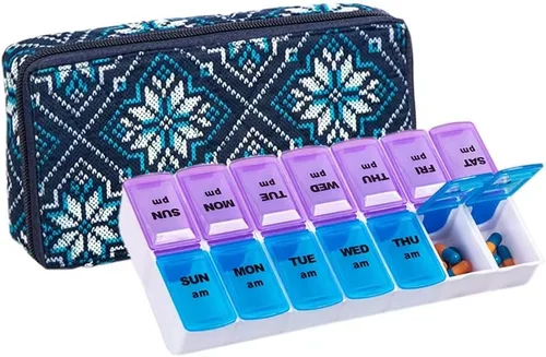 Vista 12 de Organizador Semanal de Pastillas 2 Veces al Día, Pastillero Zumd de 7 Días con Bonita Funda de Tela Acolchada con Cremallera, Estuche de Pastillas