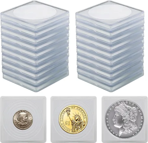 Vista 7 de Soportes para monedas, 20 soportes para monedas de dólares plateados, fundas transparentes para coleccionistas con 5 tamaños de junta negra de Negro