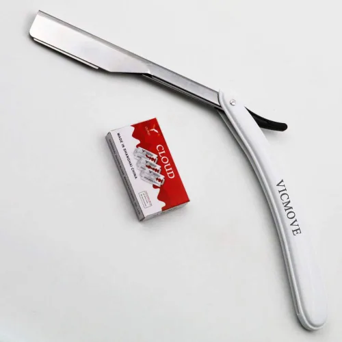 Vista 8 de Navaja de afeitar profesional de borde recto con 20 cuchillas Derby, 100% acero inoxidable, 1 navaja + 20 cuchillas 1 Razor + 20 Blades