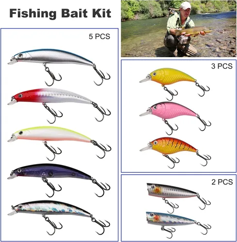 Vista 4 de Kit de señuelos de pesca mezclados, incluyendo ojos 3D Hard Minnow Popper cebos de manivela con ganchos para agua salada, trucha, lubina, salmón