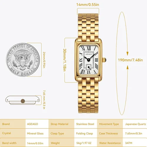 Vista 4 de Relojes dorados para mujer, pulsera vintage, esfera romana, rectangular, ultrafina, con herramienta de ajuste