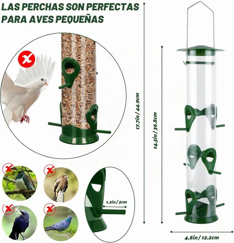 Vista 5 de 2 paquetes de comederos para pájaros verdes, comederos colgantes de tubo, comederos para pájaros salvajes de 6 puertos, comederos premium de Verde 2