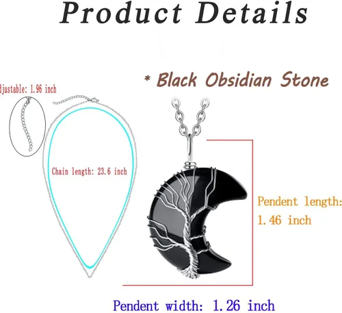 Vista 6 de MAIBAOTA Collar de cristal curativo, collar de luna creciente envuelta en alambre de árbol de vida, collar con colgante de piedra natural de reiki