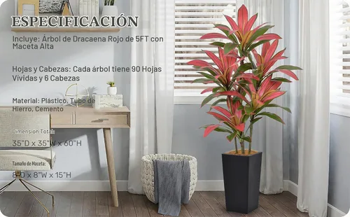 Vista 7 de Roselywed - Árbol de Dracaena artificial rojo de 5 pies, 90 hojas y maceta Maceta alta gris