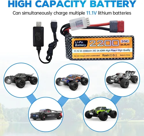 Vista 5 de sea jump Batería Lipo de 11.1 V 2200 mAh 35C 3S con enchufe en T y cable de carga USB adecuado para MJX H16P H16E H16GT H16BM H16PL 14301 RC Car