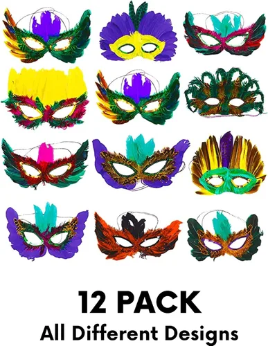 Vista 2 de 4E's Novelty - Máscaras de plumas de fantasía, 12 estilos, para Mardi Gras