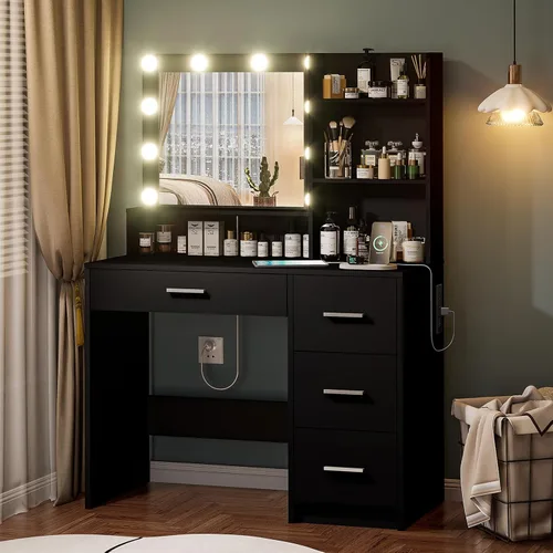 Vista 13 de DINGIPP Tocador de 42.1 pulgadas con espejo grande y 10 luces LED, escritorio de tocador con tope de cristal, 11 cajones con asas de cristal
