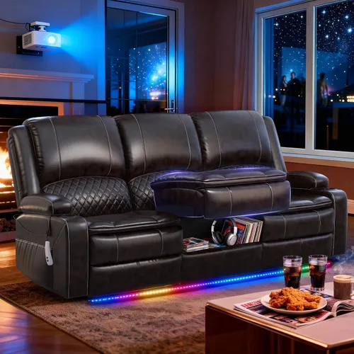 Vista 35 de Sofá reclinable de 3 plazas, sofá reclinable con consola elevable (tela, azul) Reclining Sofa with USB Removable Armrest, RV Sofa with Cup Holder