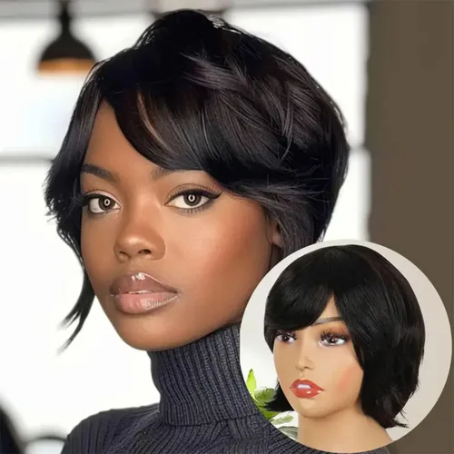 Vista 3 de Adette Peluca de cabello humano real de 6 pulgadas para mujer, sin pegamento, estilo Mullet y Wolf Cut, textura rizada ondulada negra natural, corte