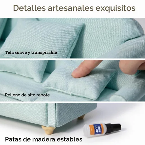 Vista 3 de Sofá de casa de muñecas, muebles en miniatura, sofá con almohadas para sala de estar, decoración de escritorio, sofá de tela, mini accesorios