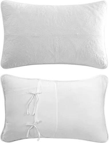 Vista 5 de Brandream Juego de ropa de cama Queen de 6 piezas de algodón blanco y beige, juego de ropa de cama de granja festoneada