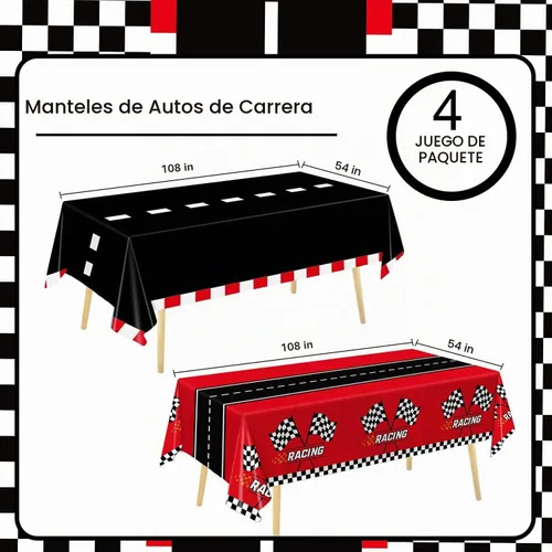 Vista 2 de Oigco 4 manteles de plástico de automóvil de carreras, decoración de fiesta de cumpleaños de auto de carreras, mantel rectangular de carreras, funda
