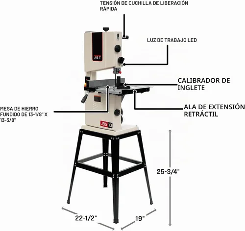 Vista 11 de JET Sierra de cinta para carpintería de 10 pulgadas con soporte, 1/2 HP, 115V 1Ph (modelo JWB-10)