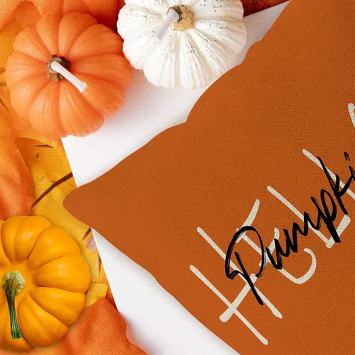 Vista 3 de JOOCAR Juego de 2 fundas de almohada de otoño, con texto en inglés «Hello Pumpkin», «Hello Fall», fundas decorativas de lino para sofá, decoración