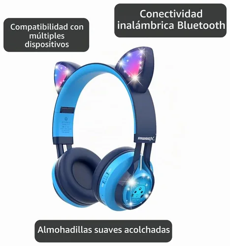 Vista 3 de Riwbox CT-7 - Auriculares Bluetooth de oreja de gato, con luz LED, inalámbricos, con micrófono y control de volumen para viajes, escuela, Azul