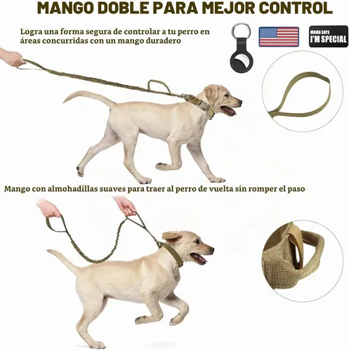 Vista 5 de Juego de collar táctico para perro y correa elástica, collar de nailon ajustable para perro con mango de control y hebilla de metal pesado