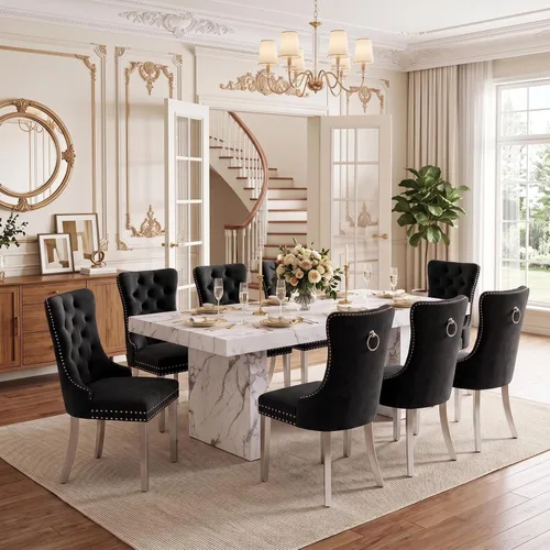 Vista 10 de Ebullient 79" White Dining Table Set for 8, Faux Marble Table & 8 Chairs Cream Chairs