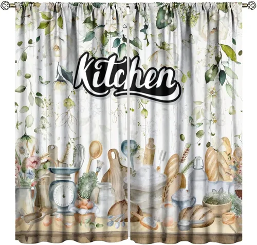 Vista 14 de Cortinas de cocina estilo retro, 2 paneles con bolsillo para cortinero, decoración de dormitorio, cocina, cafetería, 42 pulgadas de ancho x 45