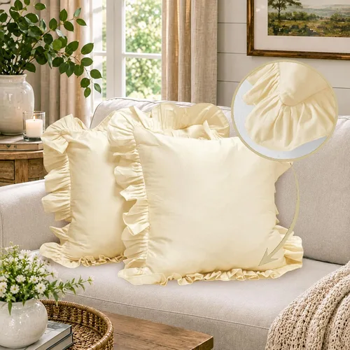 Vista 4 de Lemfux Juego de 2 fundas de almohada con volantes, fundas de almohada decorativas de algodón lavado, fundas de cojín lisas estilo desgastado y chic