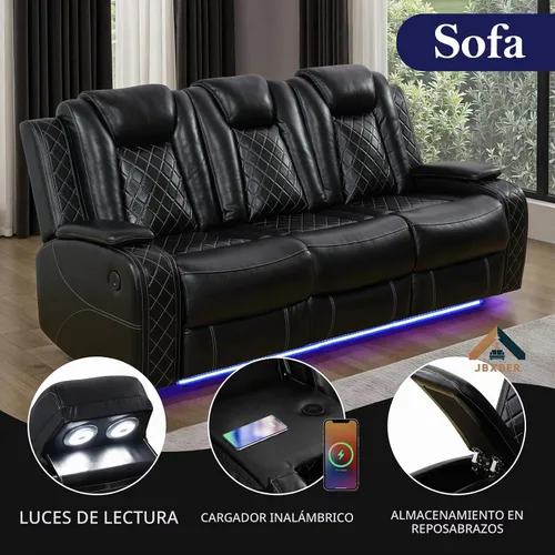 Vista 4 de Juego de sofá reclinable eléctrico para sala de estar, juego de sofá reclinable de cuero con luz LED, soporte para tazas, almacenamiento de consola