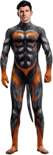Vista 41 de Disfraz de animal para hombre con estampado de cola grande, overol peludo de elastano para cosplay, fiesta de Halloween
