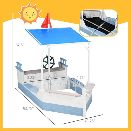 Vista 7 de Outsunny Caja de arena para niños con toldo, cajas de arena de madera con banco para patio trasero, pozo de arena para niños pequeños, 83 x 43