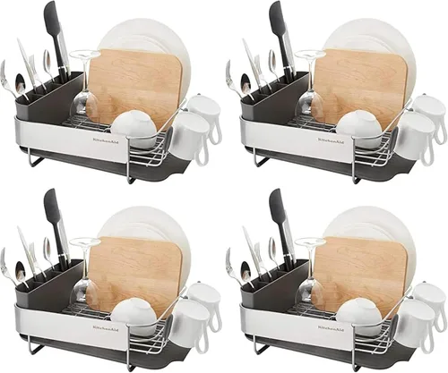 Vista 7 de KitchenAid Escurridor de platos compacto que ahorra espacio, resistente al óxido, con tabla de drenaje inclinada de autodrenaje y organizador de Gris