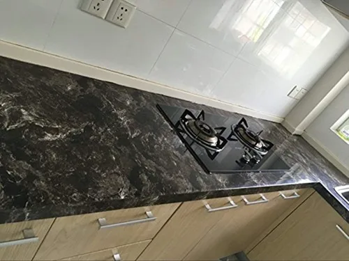 Vista 6 de REDODECO Papel adhesivo de mármol marrón brillante para encimera de cocina, papel tapiz autoadhesivo de 15.8 x 79 pulgadas (marrón oscuro)
