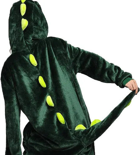 Vista 4 de ICNGLKSND Pijama unisex con capucha de animales para adultos, de una pieza, de dinosaurio, manga larga, felpa, cosplay, vestido de pijama de una