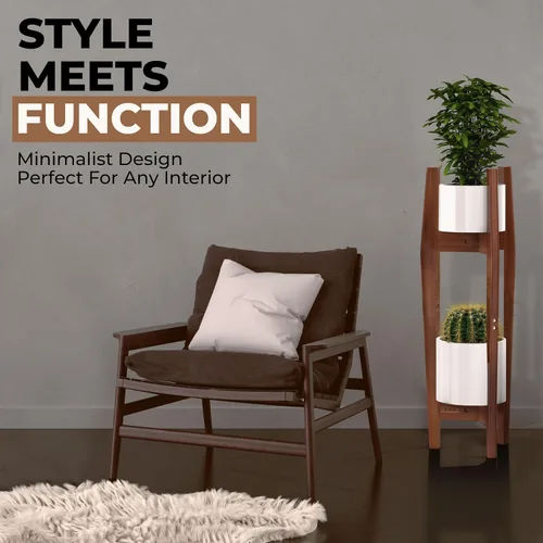 Vista 7 de Rocca - Soporte ajustable de 2 niveles de ancho de 8" a 12" apilable de bambú para plantas altas de interior, soporte de esquina de madera