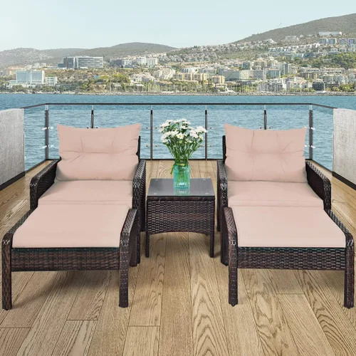 Vista 12 de Juego de muebles de mimbre para patio, juego de conversación de mimbre modular para exteriores con 2 otomanas y mesa de centro de vidrio templado