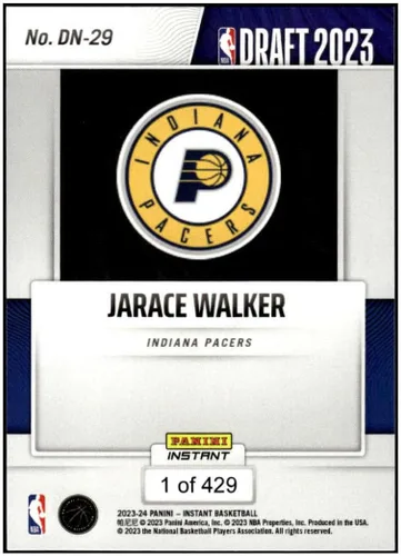 Vista 2 de JARACE WALKER RC 2023-24 Panini Instant Draft Night ROOKIE /429#DN29 Pacers NM+-MT+ NBA Basketball