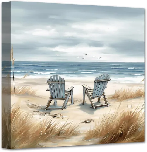 Vista 8 de LZIMU Arte de pared costero, silla de playa junto al mar, impresión en lienzo, pintura relajante de paisaje marino, arte de orilla relajante azul