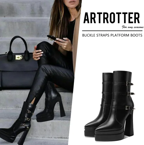 Vista 2 de Artrotter Botas de plataforma puntiaguda para mujer, botas de combate de tacón alto con cremallera de tamaño, botines de plataforma doble apilada