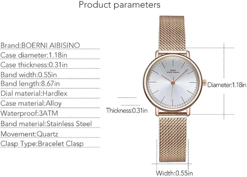 Vista 6 de Relojes de pulsera de acero inoxidable para mujer, de cuarzo, impermeable, diseño único, de malla, reloj femenino