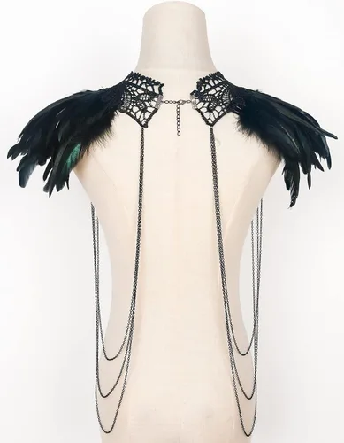 Vista 4 de L'VOW Real Negro Pluma Arnés Collar Collar Collar Babero Halloween