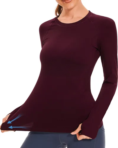 Vista 3 de Stelle Camisetas de entrenamiento para mujer, sin costuras, de manga larga, con agujeros para el pulgar para deportes, correr, atléticas, ajustadas