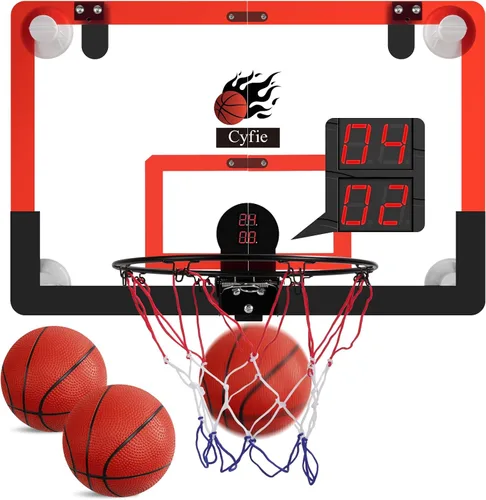 Vista 11 de CYFIE Mini aro de baloncesto para interiores para niños con luz LED, ventosa/aro de baloncesto sobre la puerta con marcador y 3 bolas, juguetes