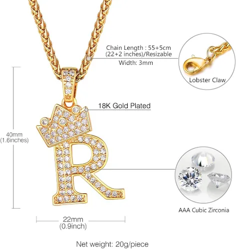 Vista 4 de Richsteel A-Z Crown Initial Necklace for Men Women 18K Gold Plated Shiny Cubic Zirconia Monogram Pendant with 22'' Chain+2'' (Extended) Fashion