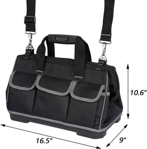 Vista 2 de Bolsa de herramientas resistente con 16 bolsillos, organizador de herramientas impermeable de 16 pulgadas con base reforzada, correa de hombro