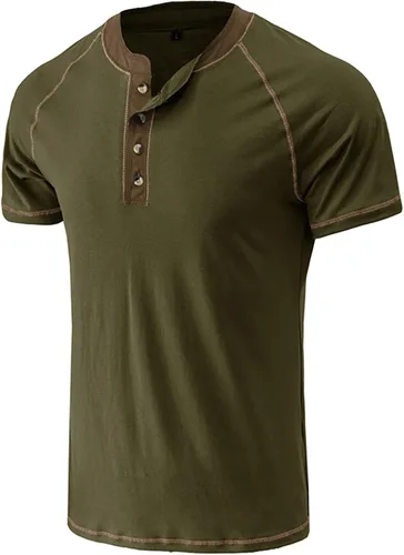 Vista 2 de Camisa casual de algodón con botones y manga corta Henley para hombre