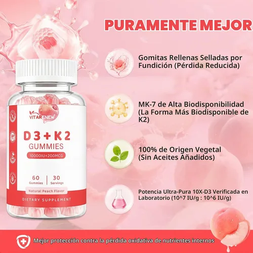 Vista 6 de Gomitas de vitamina D3 K2, 60 unidades, paquete de 2, sabor a melocotón