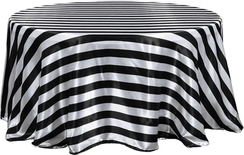 Vista 7 de Efavormart - Mantel redondo de satén a rayas blancas y negras de 120 pulgadas sin costuras para decoración de bodas, fiestas, eventos Negro
