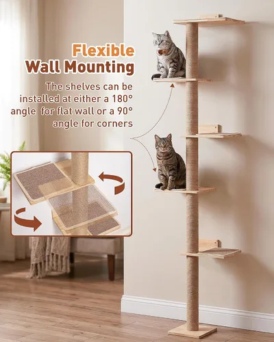 Vista 4 de Árbol para gatos de 80.3 pulgadas de alto para pared, árbol de gato de 5 niveles de piso a techo, árbol para gatos ajustable montado en la pared