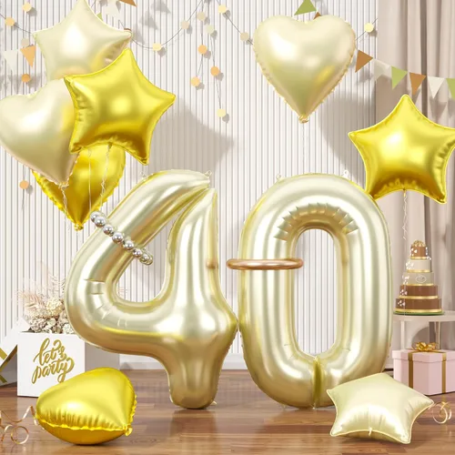 Vista 11 de Globos dorados de color champán con el número 11, globos de oro claro, globo de aluminio dorado con forma de corazón con estrella y globo largo